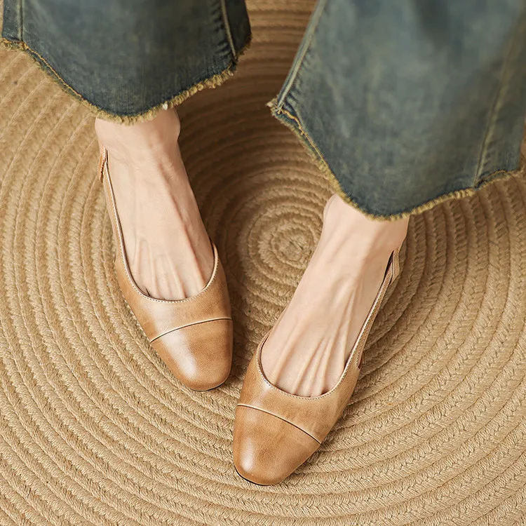 Summer single shoes, round toe, chunky heel, open back, fashion cowhide women's shoes 3-19f