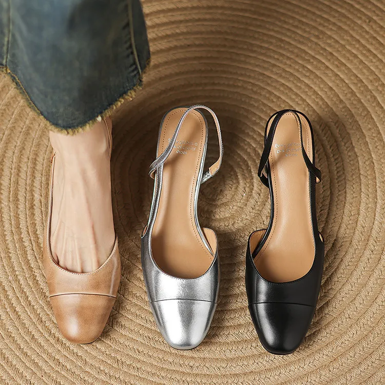 Summer single shoes, round toe, chunky heel, open back, fashion cowhide women's shoes 3-19f
