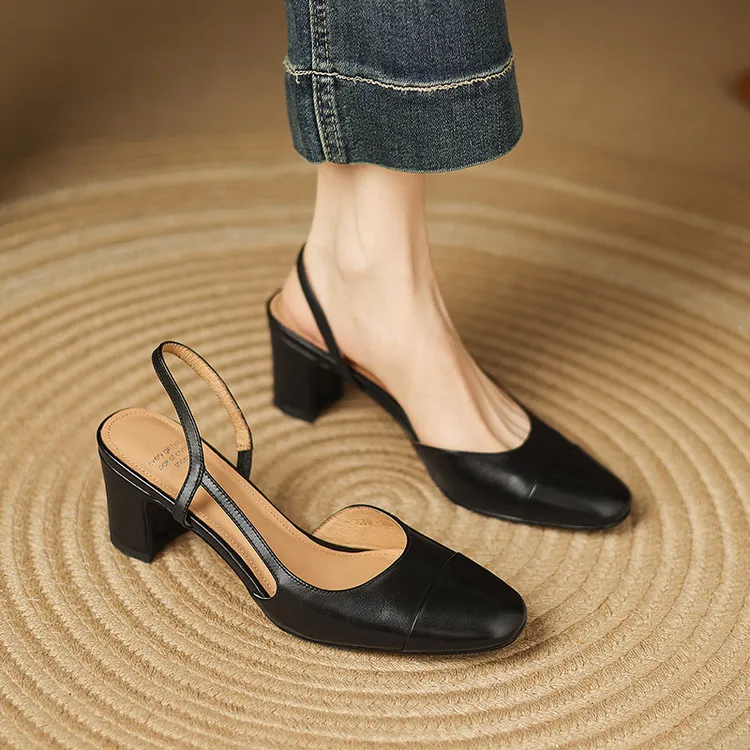 Summer single shoes, round toe, chunky heel, open back, fashion cowhide women's shoes 3-19f