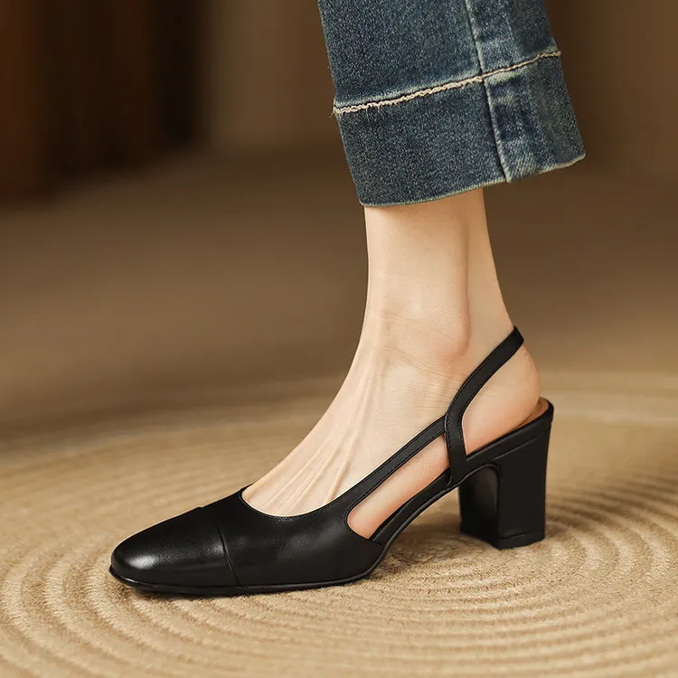 Summer single shoes, round toe, chunky heel, open back, fashion cowhide women's shoes 3-19f