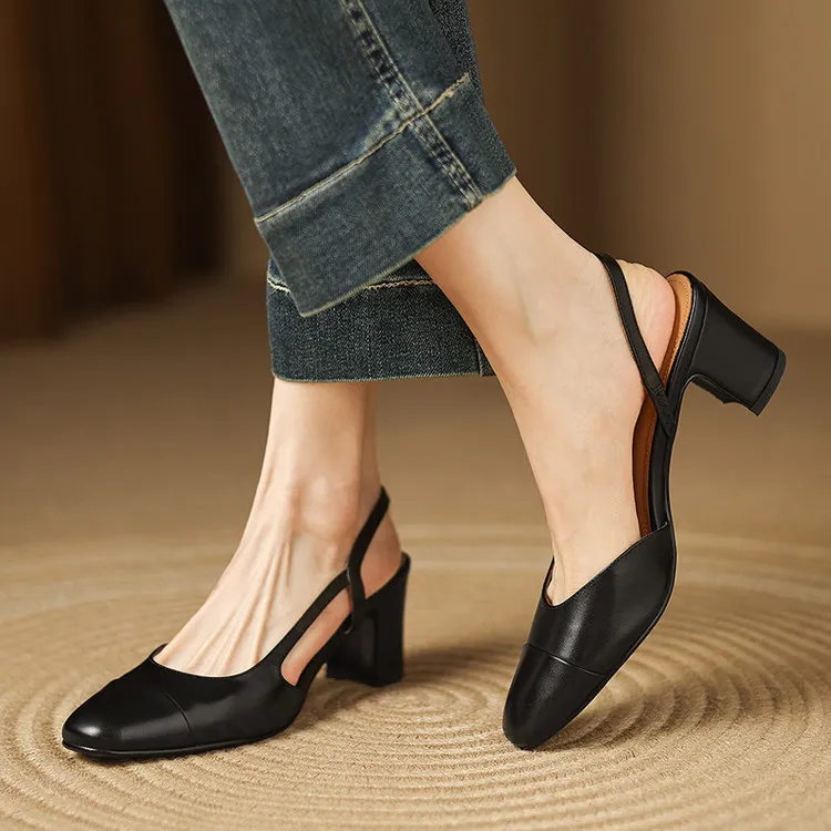 Summer single shoes, round toe, chunky heel, open back, fashion cowhide women's shoes 3-19f