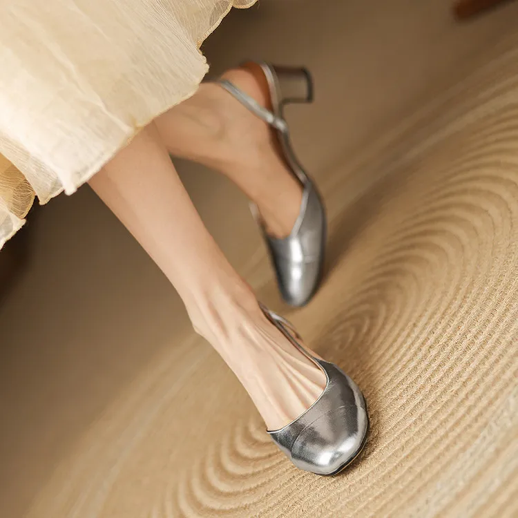 Summer single shoes, round toe, chunky heel, open back, fashion cowhide women's shoes 3-19f