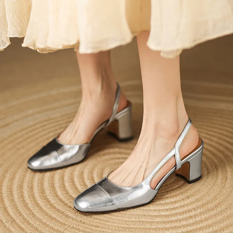 Summer single shoes, round toe, chunky heel, open back, fashion cowhide women's shoes 3-19f