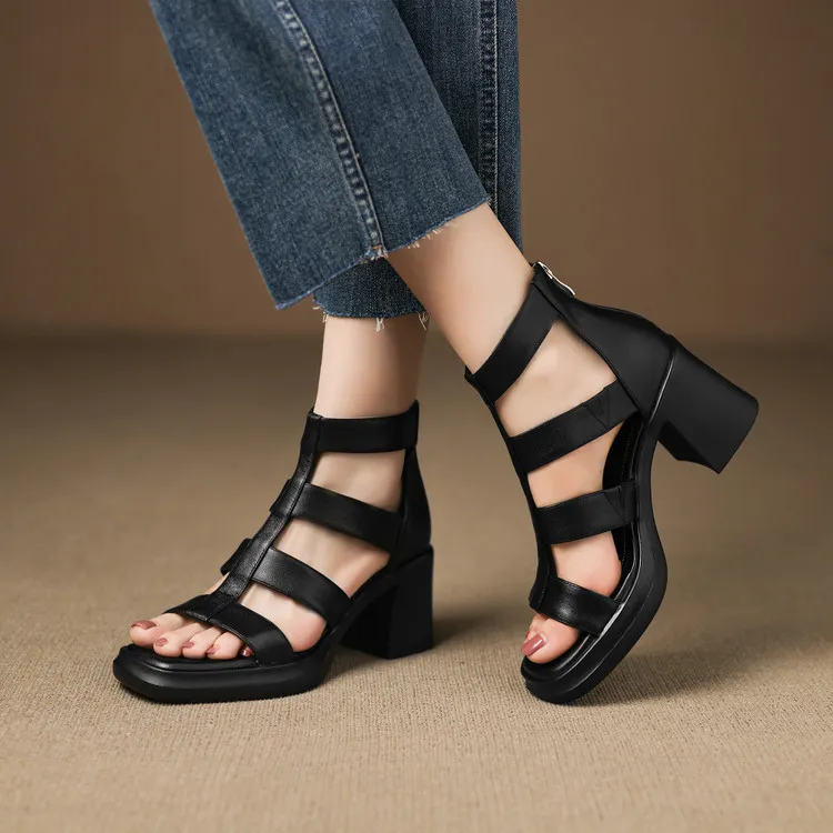 Summer sandals, square toe, chunky heel, high heel, back zipper, fashion cowhide women's shoes, 3-22v