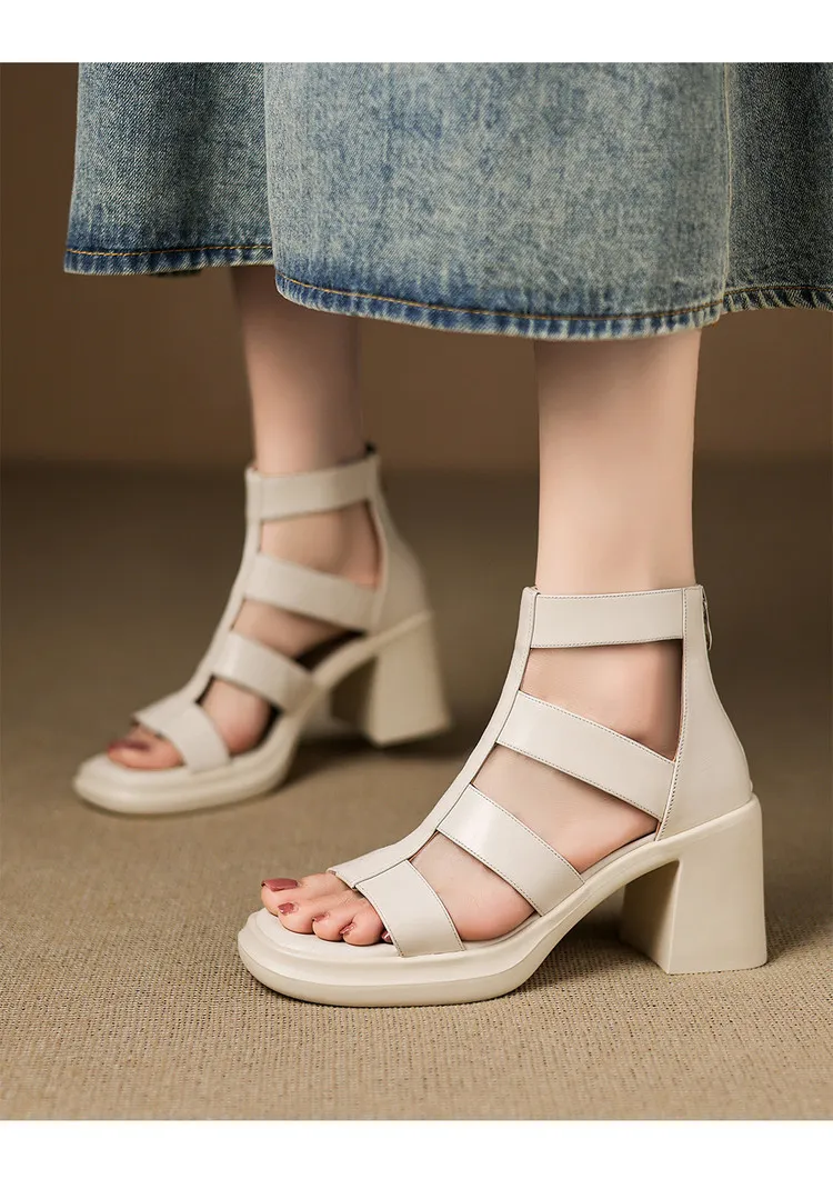 Summer sandals, square toe, chunky heel, high heel, back zipper, fashion cowhide women's shoes, 3-22v