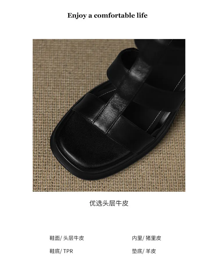 Summer sandals, square toe, chunky heel, high heel, back zipper, fashion cowhide women's shoes, 3-22v