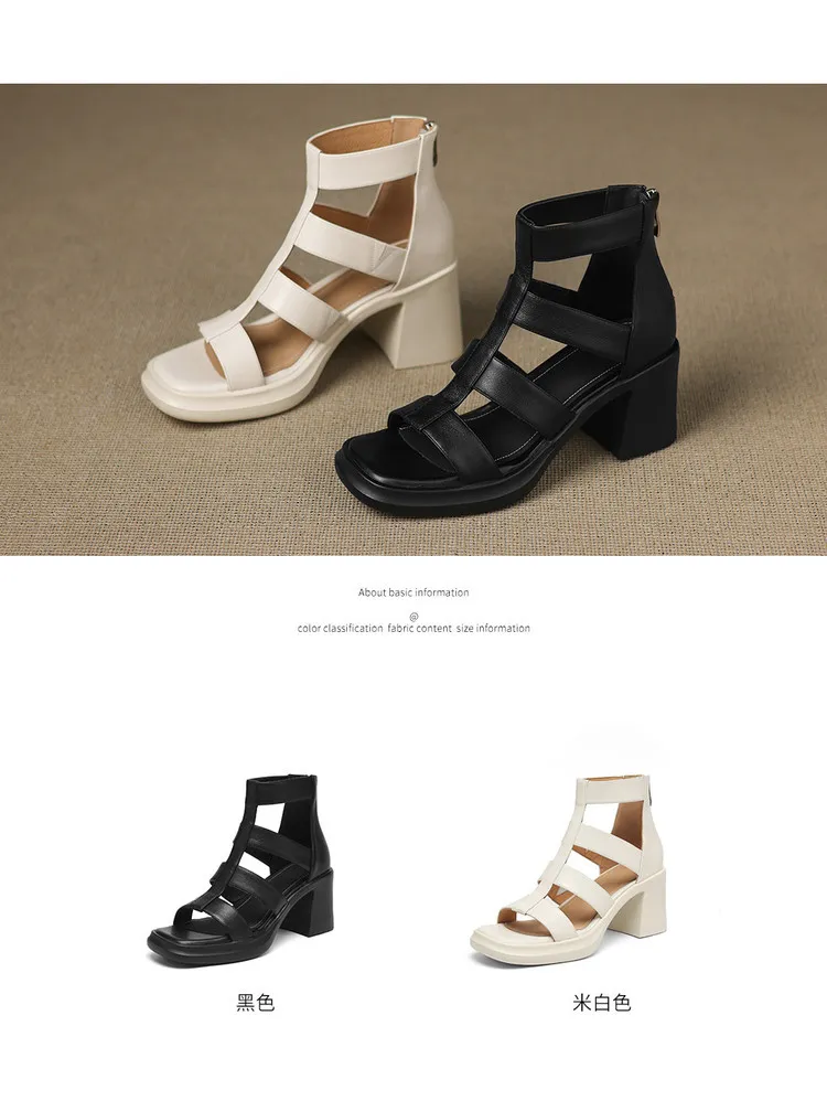 Summer sandals, square toe, chunky heel, high heel, back zipper, fashion cowhide women's shoes, 3-22v