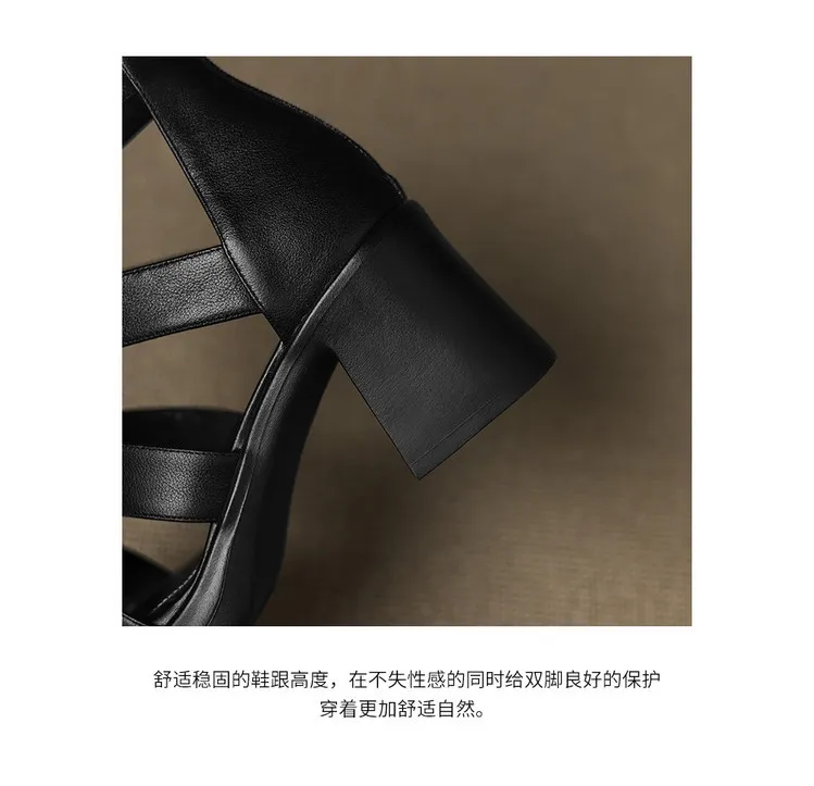 Summer sandals, square toe, chunky heel, high heel, back zipper, fashion cowhide women's shoes, 3-22v