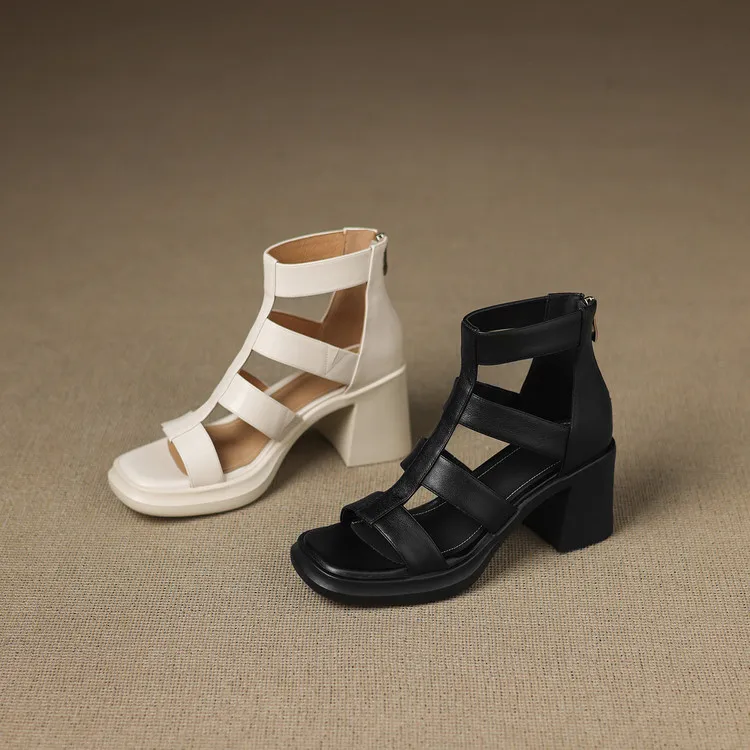 Summer sandals, square toe, chunky heel, high heel, back zipper, fashion cowhide women's shoes, 3-22v