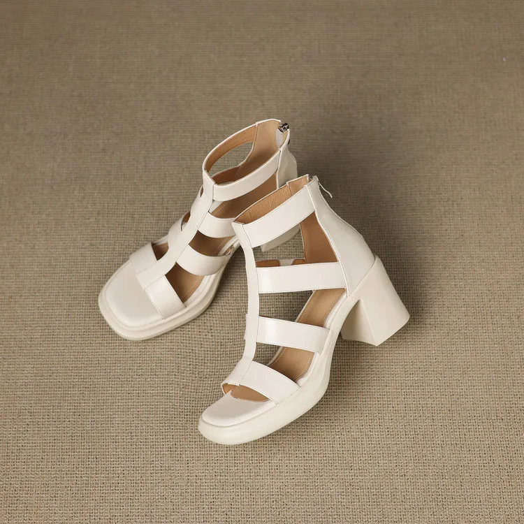 Summer sandals, square toe, chunky heel, high heel, back zipper, fashion cowhide women's shoes, 3-22v