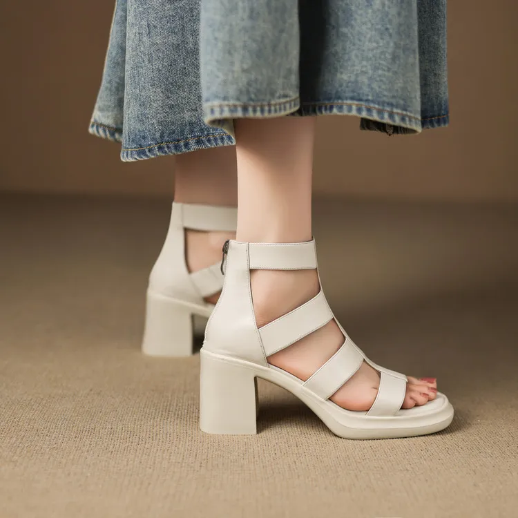 Summer sandals, square toe, chunky heel, high heel, back zipper, fashion cowhide women's shoes, 3-22v
