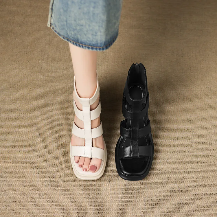 Summer sandals, square toe, chunky heel, high heel, back zipper, fashion cowhide women's shoes, 3-22v