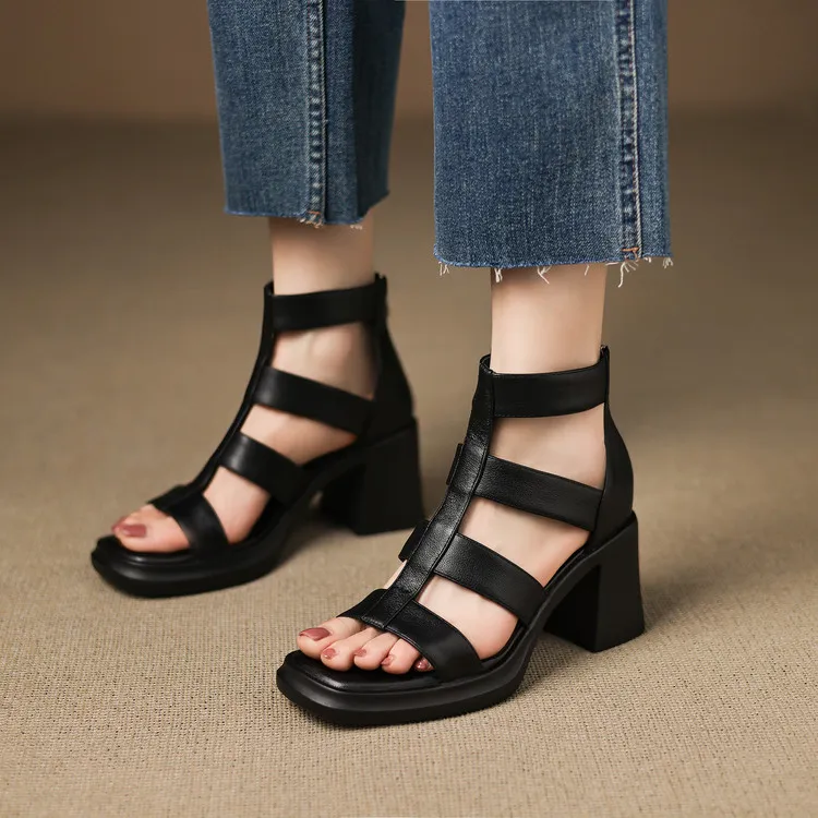 Summer sandals, square toe, chunky heel, high heel, back zipper, fashion cowhide women's shoes, 3-22v