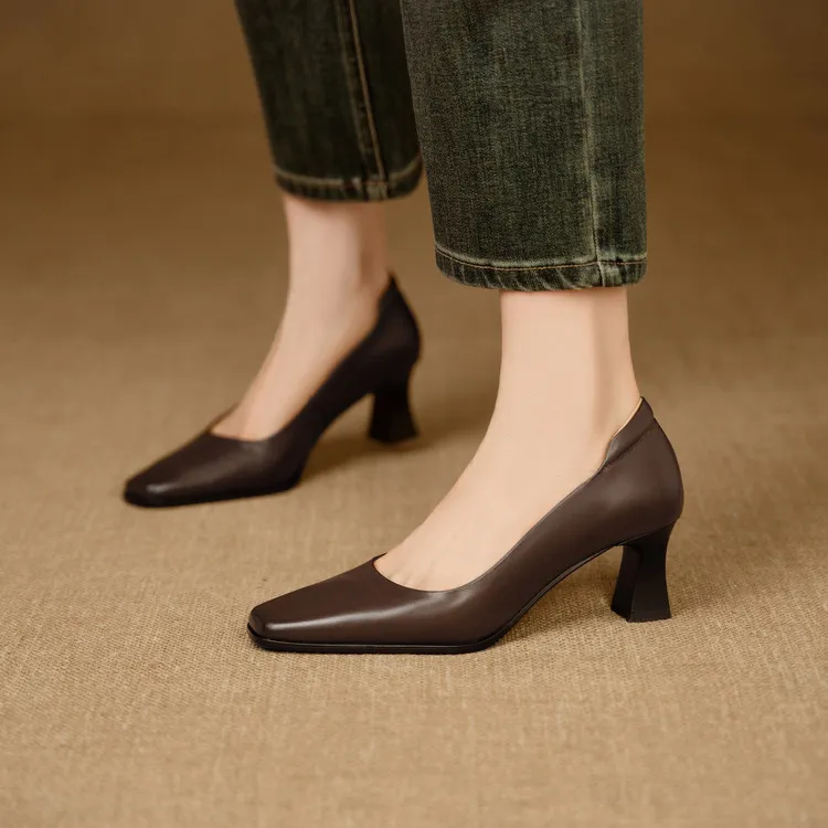 Spring single shoes, square toe, chunky heel, high heel, fashion leather women's shoes, 3-22h