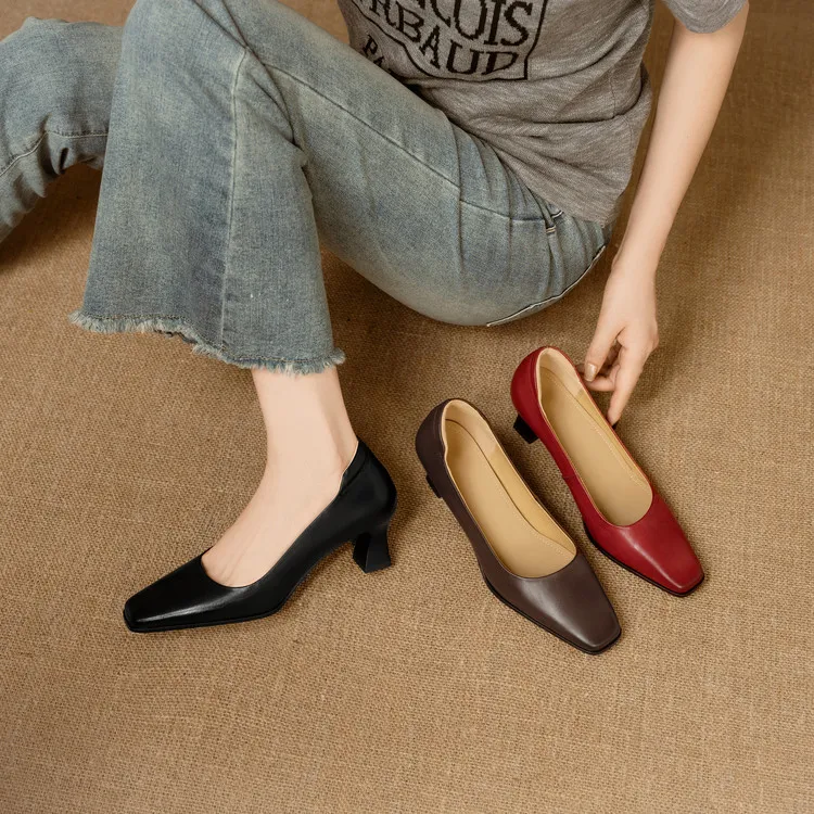 Spring single shoes, square toe, chunky heel, high heel, fashion leather women's shoes, 3-22h