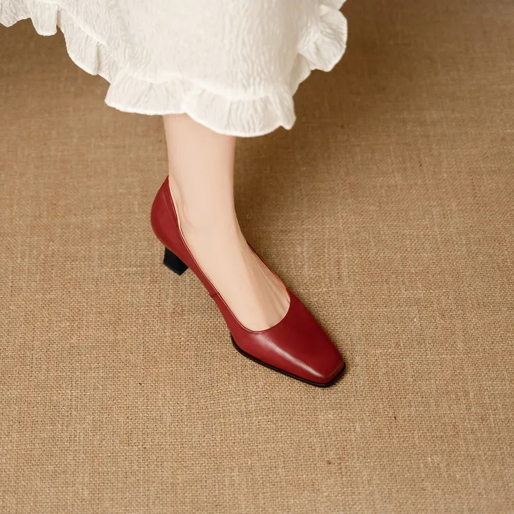 Spring single shoes, square toe, chunky heel, high heel, fashion leather women's shoes, 3-22h