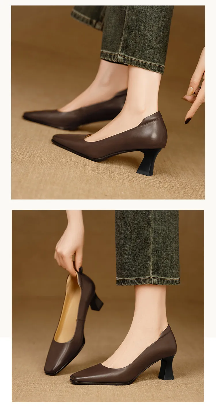 Spring single shoes, square toe, chunky heel, high heel, fashion leather women's shoes, 3-22h