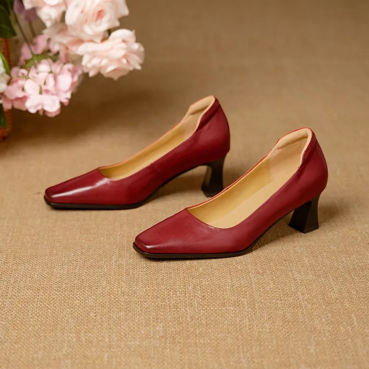 Spring single shoes, square toe, chunky heel, high heel, fashion leather women's shoes, 3-22h