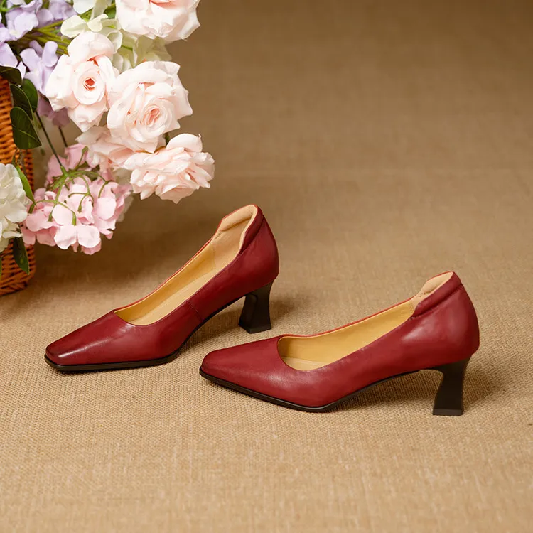 Spring single shoes, square toe, chunky heel, high heel, fashion leather women's shoes, 3-22h