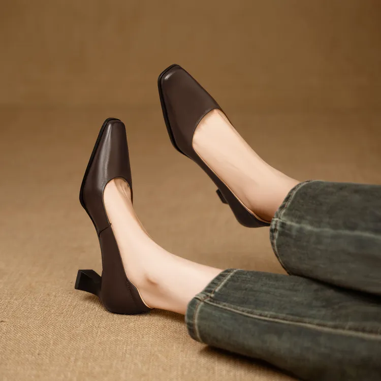 Spring single shoes, square toe, chunky heel, high heel, fashion leather women's shoes, 3-22h