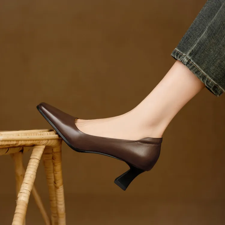 Spring single shoes, square toe, chunky heel, high heel, fashion leather women's shoes, 3-22h