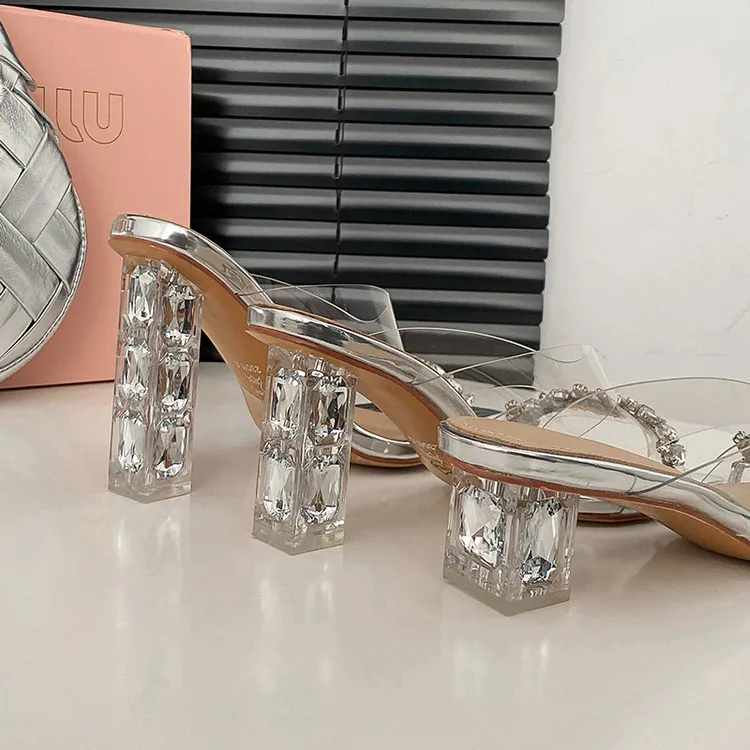 Summer Sandals, Square Toe, Rhinestone Chunky Heel, Fashion Women's Shoes, 3-22z