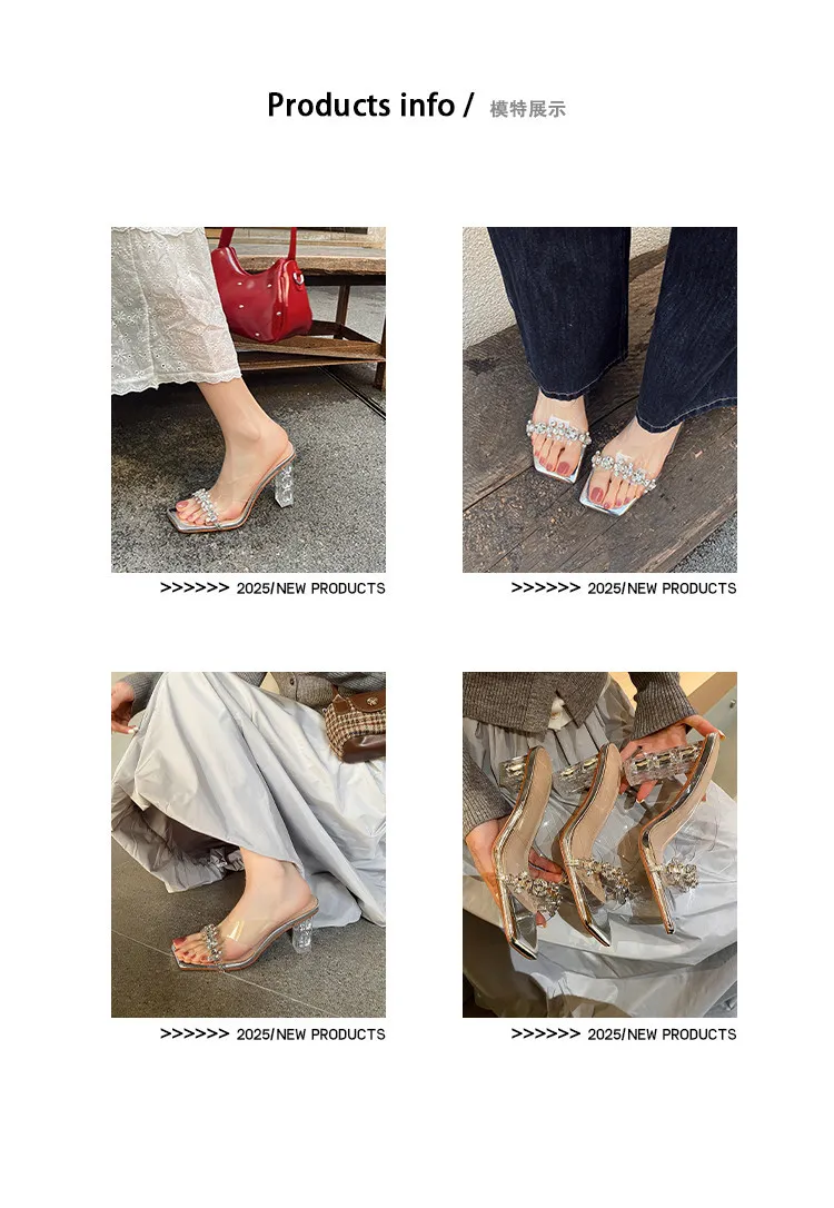 Summer Sandals, Square Toe, Rhinestone Chunky Heel, Fashion Women's Shoes, 3-22z
