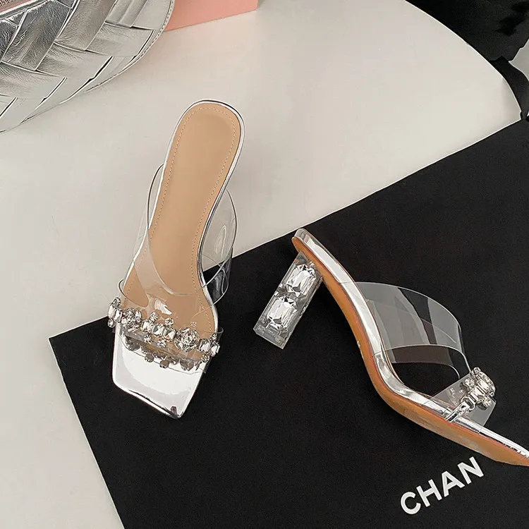 Summer Sandals, Square Toe, Rhinestone Chunky Heel, Fashion Women's Shoes, 3-22z