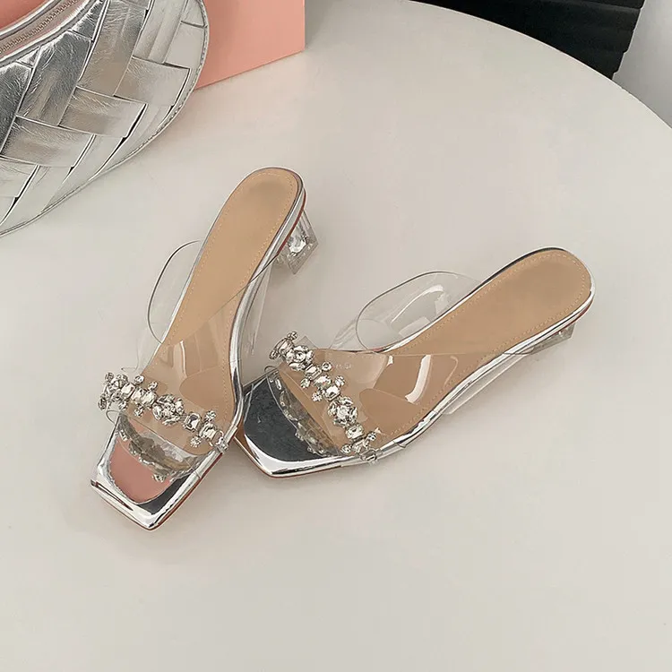 Summer Sandals, Square Toe, Rhinestone Chunky Heel, Fashion Women's Shoes, 3-22z