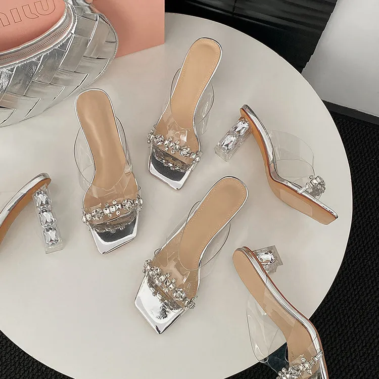 Summer Sandals, Square Toe, Rhinestone Chunky Heel, Fashion Women's Shoes, 3-22z