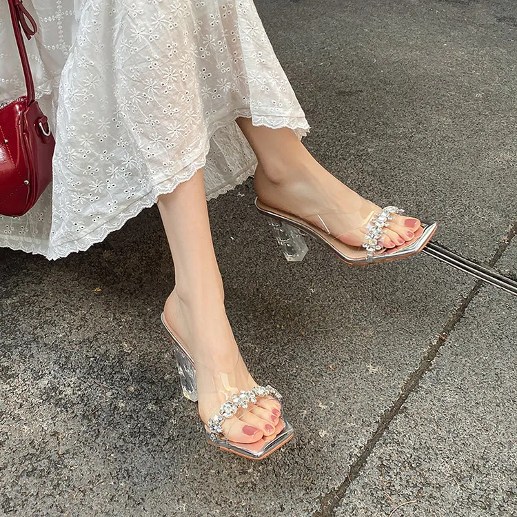 Summer Sandals, Square Toe, Rhinestone Chunky Heel, Fashion Women's Shoes, 3-22z