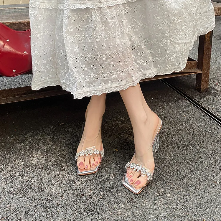 Summer Sandals, Square Toe, Rhinestone Chunky Heel, Fashion Women's Shoes, 3-22z