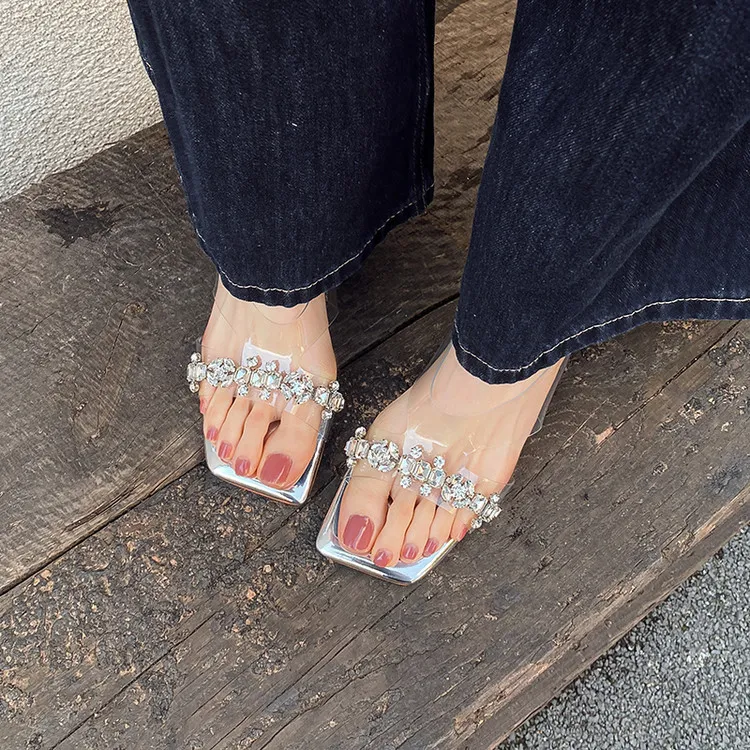 Summer Sandals, Square Toe, Rhinestone Chunky Heel, Fashion Women's Shoes, 3-22z