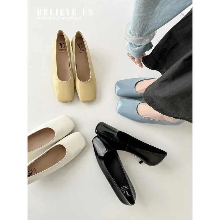 Spring single shoes, square toe, stiletto heel, slip-on cowhide fashion women's shoes, 3-19L