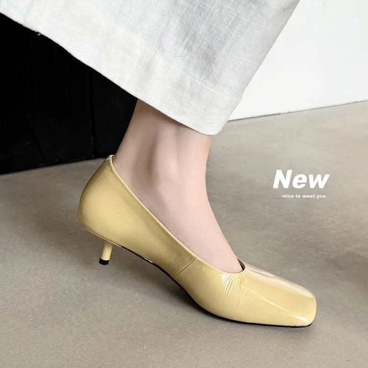 Spring single shoes, square toe, stiletto heel, slip-on cowhide fashion women's shoes, 3-19L