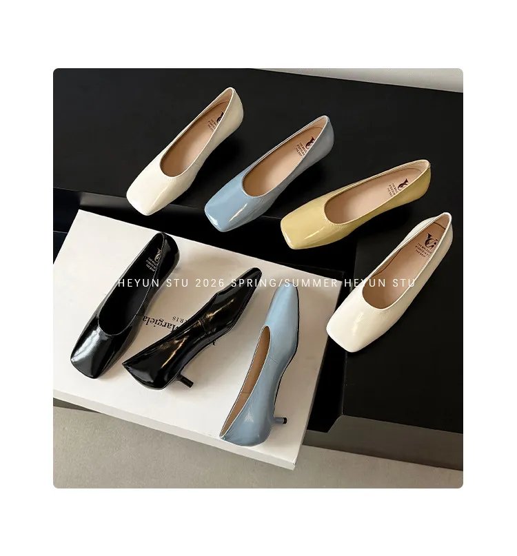 Spring single shoes, square toe, stiletto heel, slip-on cowhide fashion women's shoes, 3-19L
