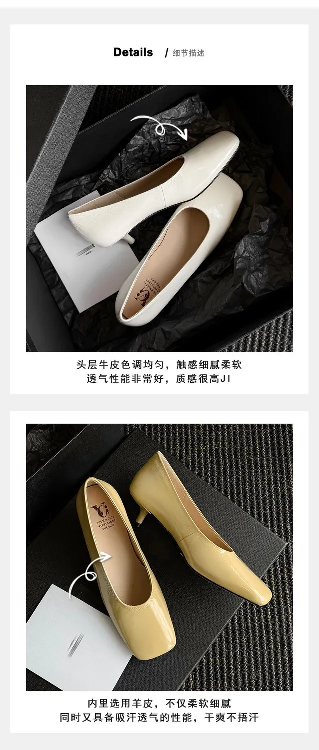 Spring single shoes, square toe, stiletto heel, slip-on cowhide fashion women's shoes, 3-19L