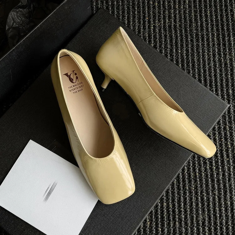 Spring single shoes, square toe, stiletto heel, slip-on cowhide fashion women's shoes, 3-19L