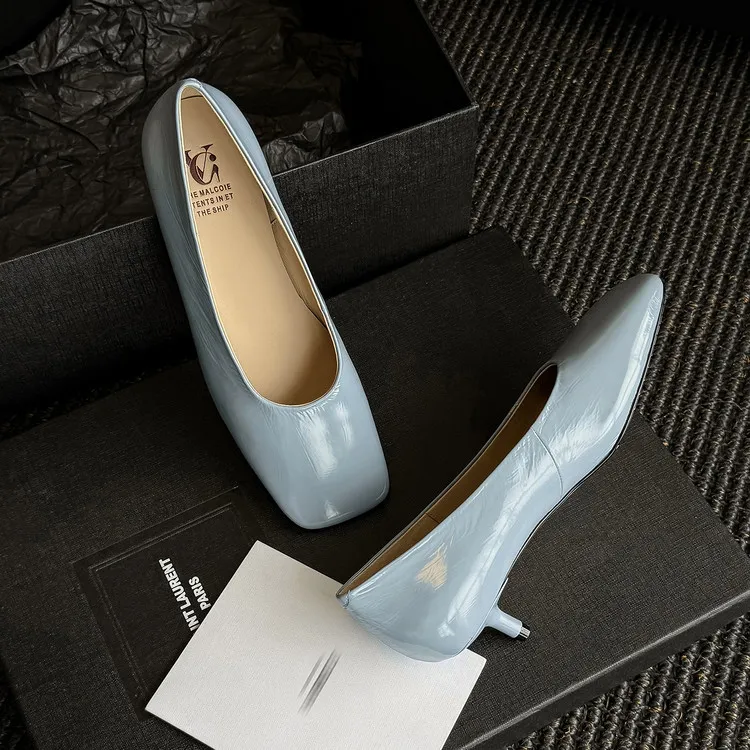 Spring single shoes, square toe, stiletto heel, slip-on cowhide fashion women's shoes, 3-19L