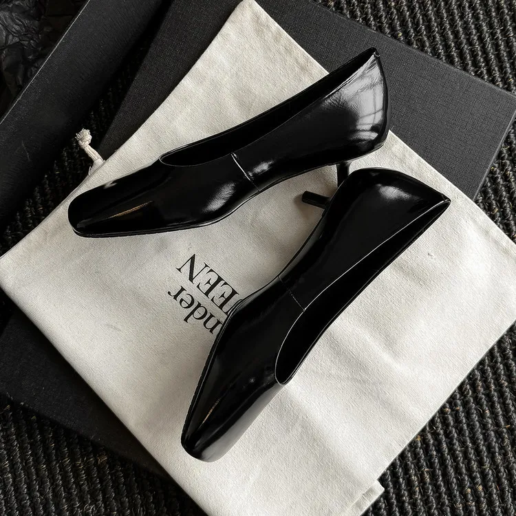 Spring single shoes, square toe, stiletto heel, slip-on cowhide fashion women's shoes, 3-19L