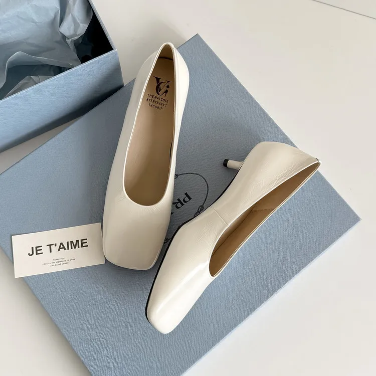 Spring single shoes, square toe, stiletto heel, slip-on cowhide fashion women's shoes, 3-19L