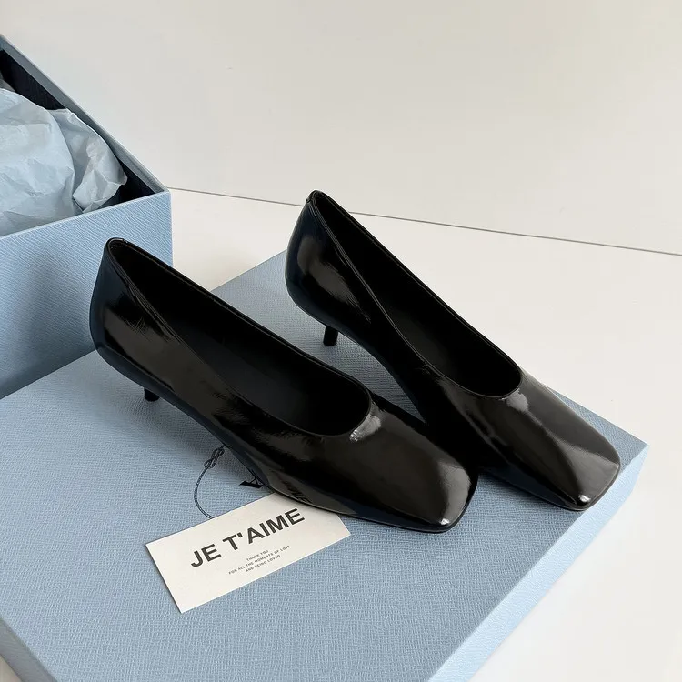 Spring single shoes, square toe, stiletto heel, slip-on cowhide fashion women's shoes, 3-19L