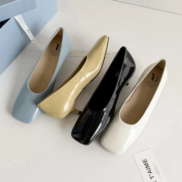 Spring single shoes, square toe, stiletto heel, slip-on cowhide fashion women's shoes, 3-19L