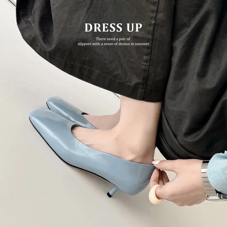 Spring single shoes, square toe, stiletto heel, slip-on cowhide fashion women's shoes, 3-19L