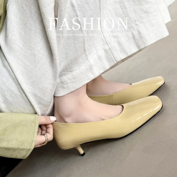 Spring single shoes, square toe, stiletto heel, slip-on cowhide fashion women's shoes, 3-19L