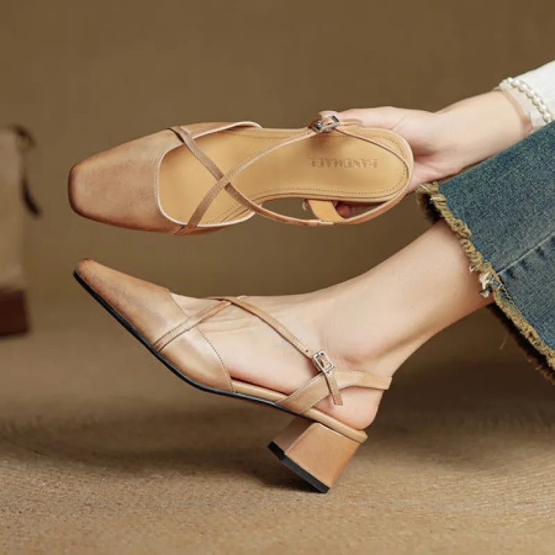Summer square-toe chunky heel high-heeled Mary Jane sandals with cross straps (video details page)
