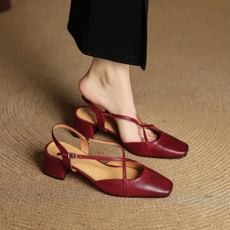 Summer square-toe chunky heel high-heeled Mary Jane sandals with cross straps (video details page)