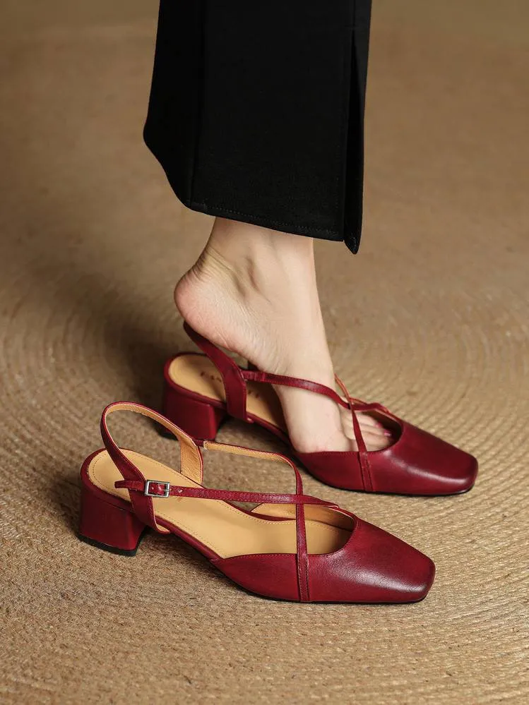 Summer square-toe chunky heel high-heeled Mary Jane sandals with cross straps (video details page)