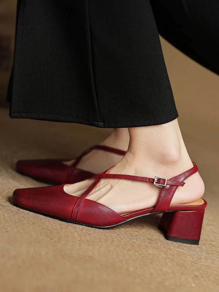 Summer square-toe chunky heel high-heeled Mary Jane sandals with cross straps (video details page)