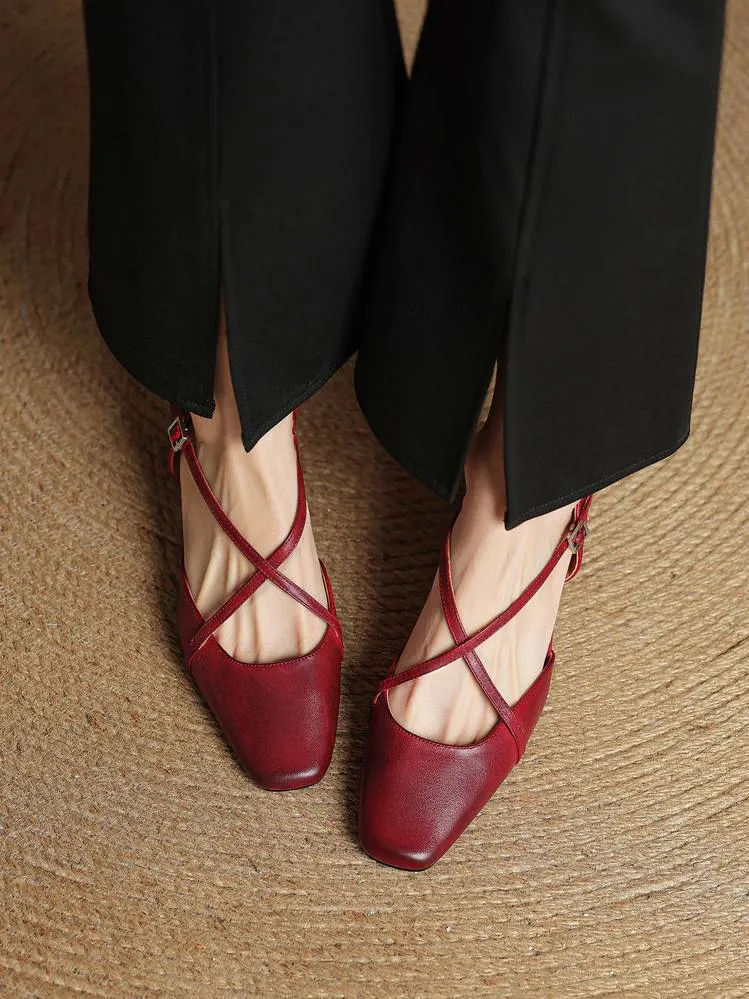 Summer square-toe chunky heel high-heeled Mary Jane sandals with cross straps (video details page)